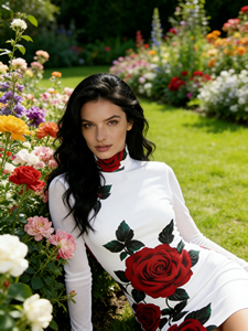 Women's Bodycon Dress with White Rose <b>Print</b> - Elegant Tight-Fitting Short Dress with High Neck and Sheer Long Sleeves - Product Image 1