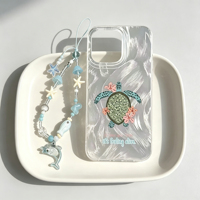Coque de téléphone portable INS en soie argentée à motif tortue de mer bleue et étoile de mer avec chaîne pour iPhone 16 17 Pro Max Air