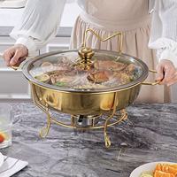 Plat à réchaud rond doré avec couvercle en verre, chauffe-plats pour buffets, équipement de maintien au chaud pour soupes et traiteur