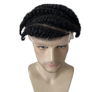Jet Black Afro Cornrow trenzado Topper indio Remy caja corta sin nudos trenzas peluca <span class=keywords><strong>para</strong></span> hombres piezas de cabello tupé encaje suizo completo - Product Image 4