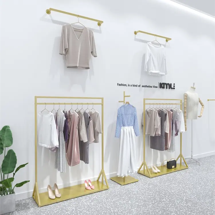 Guangzhou Retail Kleding Display Rack Boutique Gouden Muur Kleding Staat Best Verkopende Moderne Kledingrek Kledingwinkel
