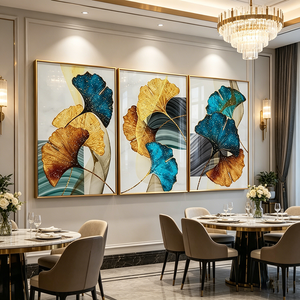 Modern Custom Glitter Gold Teal Ginkgo Leaf 3 Panel Wall Art <b>Framed</b> Abstract Living Room LED Crystal Porcelain <b>painting</b> Decor - Product Image 5