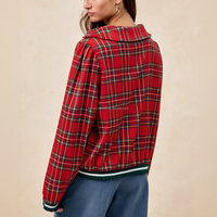 Sweat-shirt à carreaux rouges pour femme, vert, à volants, col en V, manches ballon, style preppy, décontracté, pour Noël