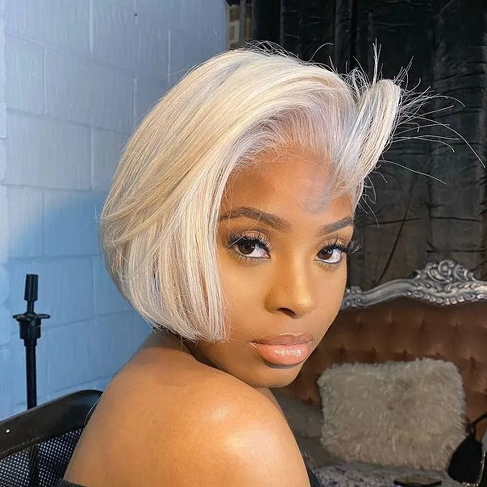 Summer Exuviance Short Blond Pixie Bob Full Lace Wigs Human Hair Lace Front Bone Straight Human Hair 613 Pixie Wigs Vendor