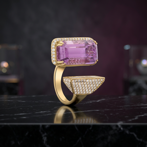 Bague ouverte vintage pour anniversaire de mariage, en moissanite violette taille émeraude, en or 10K 14K 18K, bijoux fins - Product Image 1