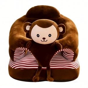 Asiento de aprendizaje para bebés de peluche de mono marrón personalizado, sofá de entrenamiento anti-vuelco para bebés con forro a rayas rojas y blancas - Product Image 1