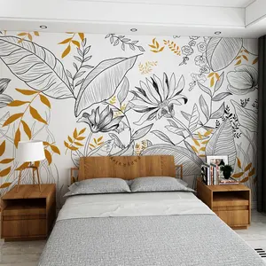 Sofá fundo parede personalizado mural quarto preto e branco linha folha papel parede