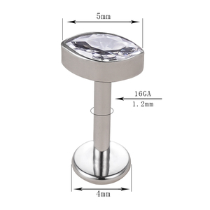 Certified ASTM F136 <b>Titanium</b> G23 Internally Threaded Bezel Set Marquise CZ Top Labret Body Piercing Zircon Weddings Engagements - Product Image 2