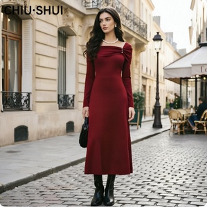 CHIU SHUI <span class=keywords><strong>Abito</strong></span> Vintage <span class=keywords><strong>Monospalla</strong></span> in Maglia da Donna con Bottoni di Perle e Vita Arricciata, Modello A-Line <span class=keywords><strong>Midi</strong></span> Autunno Inverno - Product Image 1
