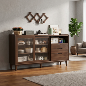 Modern Walnut <b>Sideboard</b> Display Cabinet Brown <b>Storage</b> Buffet with Glass Doors Drawers for Living Room Kitchen - Product Image 2