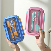 Boîte à bento simple en acier inoxydable 304, compartimentée, avec fourchette et cuillère, compatible micro-ondes et pratique