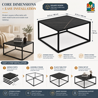 Table basse contemporaine pour salon avec cadre carré en métal noir et plateau en marbre effet charbon, base cube ouverte