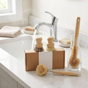 Custom Logo Wooden Handle Kitchen <b>Cleaning</b> <b>Brush</b>, Bamboo Nylon Bristle Pot Scrubber <b>for</b> Dish & Vegetable Scrubbing - Product Image 4