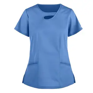 Women's short sleeved V-neck care work uniform frosted top T-shirt pocket work shirt