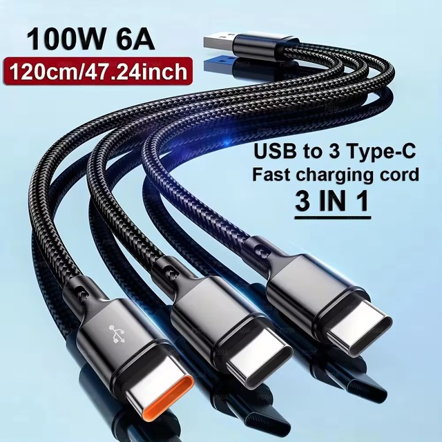 3 in 1 Fast Charge USB C Cable 6A Type C Charging Cable for Samsung S6 Xiaomi Redmi Note 4 Galaxy S20 Mobile Phone USB C Huawei
