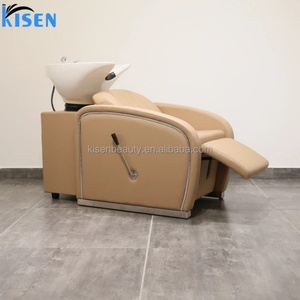 Kisen White Black Ceramic Sink Simple Salon Back Wash Chair Shampoo <b>Table</b> <b>Adjustable</b> Manual Good Quality Leather for Barbershop - Product Image 4