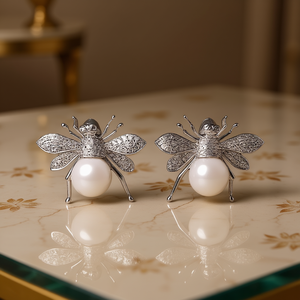 Boucles d'oreilles vintage en forme d'insectes avec perle d'imitation et diamant rond taille brillant en alliage d'or blanc pour femme, bijoux de fête - Product Image 2