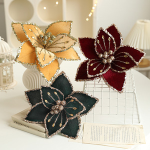 Velvet Artificial Poinsettia Glitter Gold Frosted Christmas Wreath <b>Tree</b> Decor Red Poinsettia Flower Fashionable Eco Home - Product Image 1