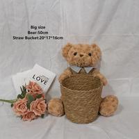 Peluche personnalisée romantique pas chère, ours en peluche tenant un panier de fleurs en paille, jouet en peluche ours en peluche