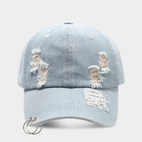 Casquette de baseball vintage en jean délavé à profil bas, 6 panneaux, avec boucle métallique vieillie et anneaux métalliques sur la visière