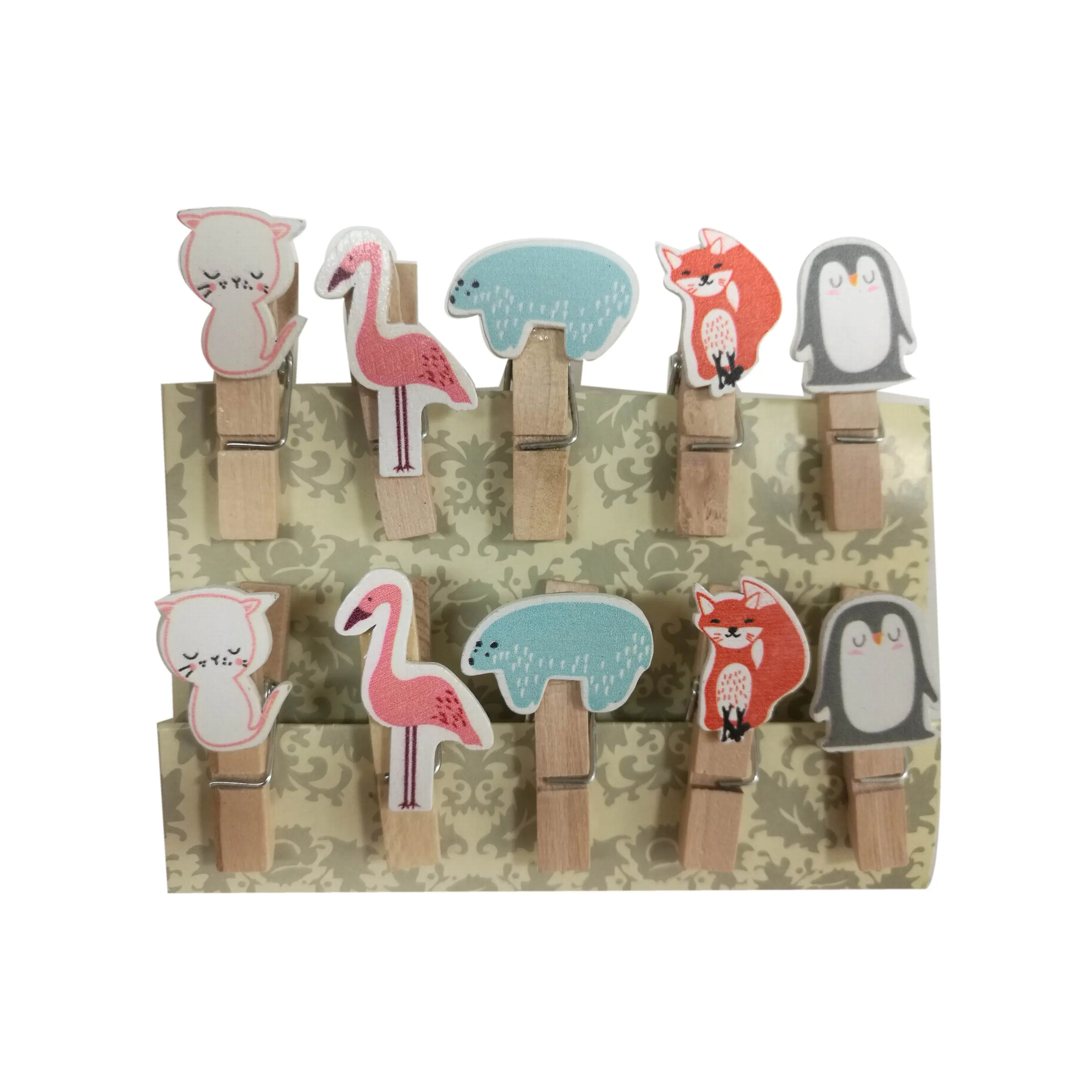 Bonitos diseños en forma de animal clips de madera, clavijas con Gato colorido, grúa, oso polar, ardilla, pingüino (WXDF027)