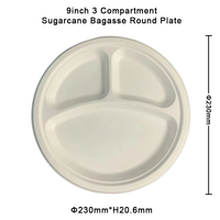 9 pouces 3 Compartiment Sugarcane Bagasse Plaque Ronde Conteneurs Compostables