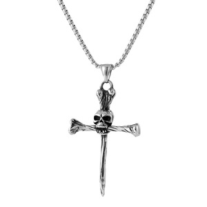 yunnique Stainless Steel Skull <b>Cross</b> Pendant Necklace Men's Hip Hop Fashion Jewelry Geometric Design Retro Style - Product Image 5
