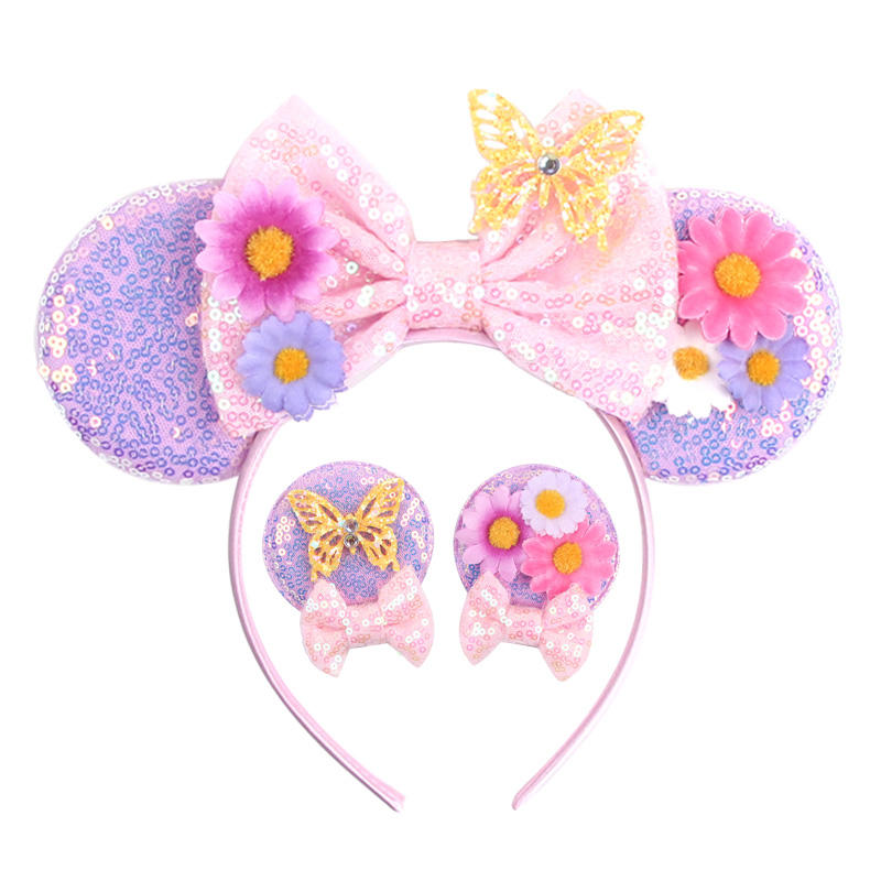 2026 New Animal Paradise Plastic Sequin Glitter Mouse Ear Children's Set Headband with Custom Bow Hair Accessory