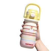 Mignonne tasse isotherme portable en acier inoxydable pour enfants, motif dessin animé, avec double couvercle, poignée et paille – Vaisselle compacte