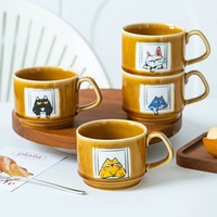 Tasse à café en céramique vintage avec glaçure de four, tasse en grès amusante avec imprimé chat grincheux de dessin animé pour la maison, le bureau ou comme cadeau