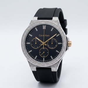 Montre-bracelet de luxe pour homme avec cadran rond noir, style chronographe, bracelet en cuir - Product Image 1