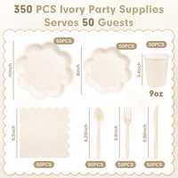 Assiettes en papier festonnées jetables personnalisables avec logo, vaisselle compostable couleur ivoire pour mariage, douche nuptiale, anniversaire