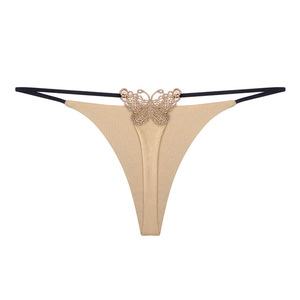 Thin Strap Women <b>Thong</b> Panties Golden Embroidery Butterfly Decor Low Rise Soft Stretch Sexy Ladies G String Underwear Wholesale - Product Image 1