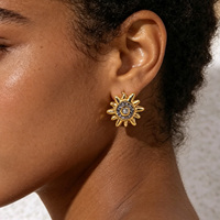 JUSNOVA Ensemble de boucles d'oreilles mixtes en acier inoxydable plaqué or PVD 18 carats, motifs étoile, lune, soleil, fruit, fraise, fleur, pour femmes