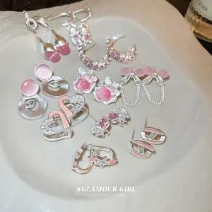 S925 Silver Pin Exquisite Pink Cat's Eye Opal Stone Water Drop Earrings for Women Cute Rhinestone Dangle Wedding Jewelry