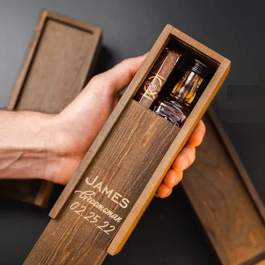 JUNJI Personalized Customized Handmade Wooden Gift Sets Wine Box For Man Single Wine Bottle Wood Storage Cigar Gift Case