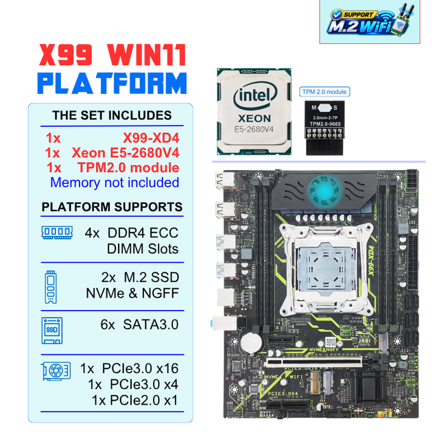 New X99-XD4 Win11 Tpm2.0 Set UEFI Secure Boot Matx Mainboard with 4xDDR4 Ram Intel Xeon E5 2680 V4 Combo X99 Motherboard Kit