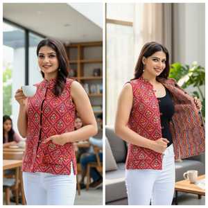 Veste matelassée réversible en coton Jaipuri pour femme, sans manches, avec deux poches, faite à la main, vêtement ethnique d'hiver - Product Image 1