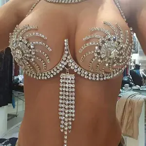 Fashion rhinestone Pinwheel chest chain Nightclub shiny sexy body chain breast body jewelry bra chain harness