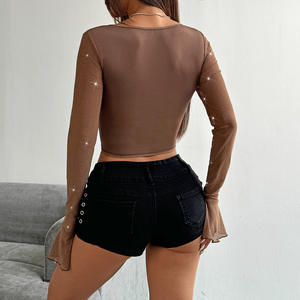 Outono Flared Manga Colheita Top Lantejoulas Anel De Aço Envolvido Peito Diamante Em Forma De Fishbone Cintura Top Espartilho - Product Image 6