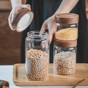 Juego de tarros de almacenamiento de vidrio a precio de fábrica con tapa de bambú, contenedor de comida de vidrio transparente para Cocina - Product Image 1