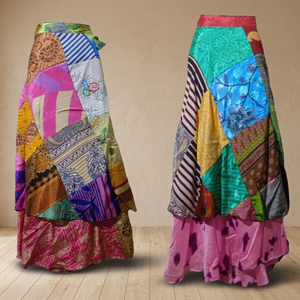 Beautiful Indian Patchwork Bohemian 100% Silk Floor-Length <b>Skirt</b> Mixed Floral Patches Summer Breathable Designer <b>Skirt</b> - Product Image 4