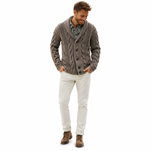 Cardigan ample en tricot torsadé 100 % <span class=keywords><strong>laine</strong></span> pour homme, col châle épais, boutonné, idéal pour l'automne et l'hiver - Product Image 2