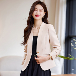 Women's Short Blazer Apricot Color Solid Polyester Anti-Wrinkle Professional Formal Wear Petite Fit Autumn Winter 2024 - Product Image 4
