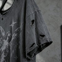 T-shirt en coton slub délavé personnalisé pour homme Ouna Factory, imprimé vintage, trous usés, bords effilochés, style streetwear, fournisseur de coton slub
