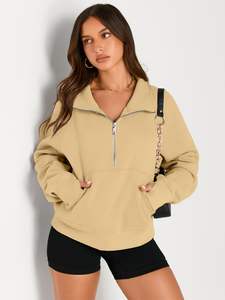 Customized 2024 Fall Fashion Womens Sportswear Half Zip Cropped Pullover Hoodie Cotton Quarter <b>Zipper</b> <b>Sweatshirt</b> - Product Image 2