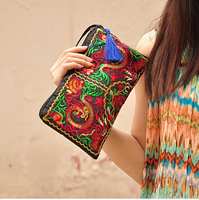 Nouvelle mode de sac à main pour filles portefeuille style ethnique avec fermeture à glissière à motif de dessin animé brodé