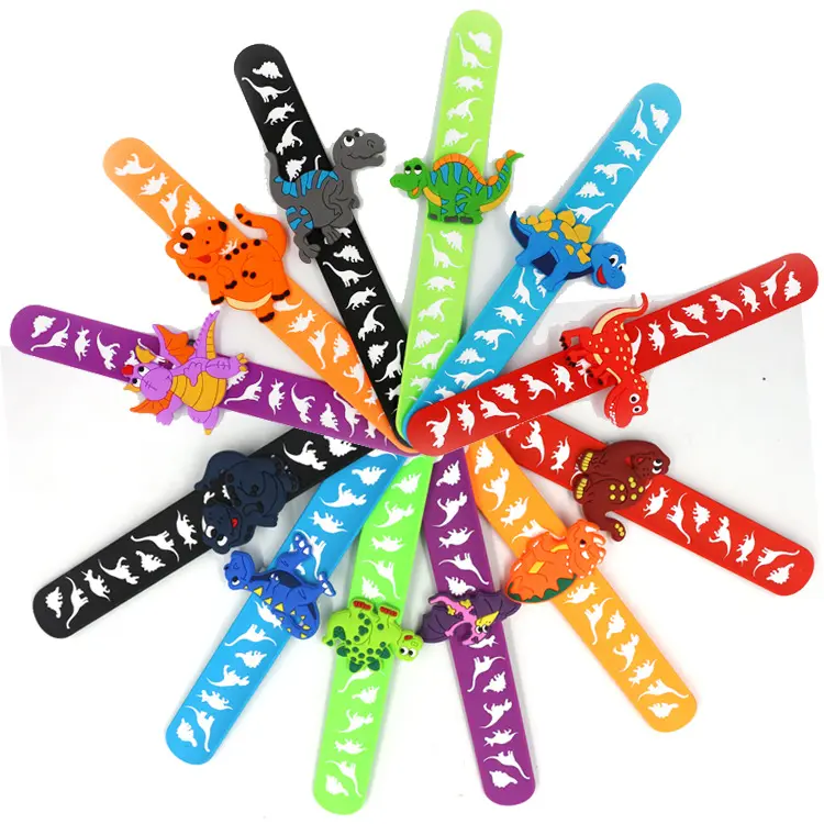 Popular Kids Extra Long Custom Silicone Hand Decor Cartoon Dinosaur Slap Bracelet Toys Party Favors Rubber Promotional Wristband