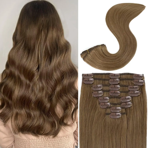 Extensiones de Cabello Liso con Clip, 100% Cabello Humano Real # 8 Extensiones de Cabello Humano con Clip en <span class=keywords><strong>Color</strong></span> <span class=keywords><strong>Castaño</strong></span> <span class=keywords><strong>Ceniza</strong></span>, 120g/8 Piezas - Product Image 1