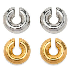 <b>Clip</b>-<b>on</b> <b>Earrings</b> Thick C Shape Hollow Geometric Stainless Steel Gold And Silver Color Everyday Wear - Product Image 5